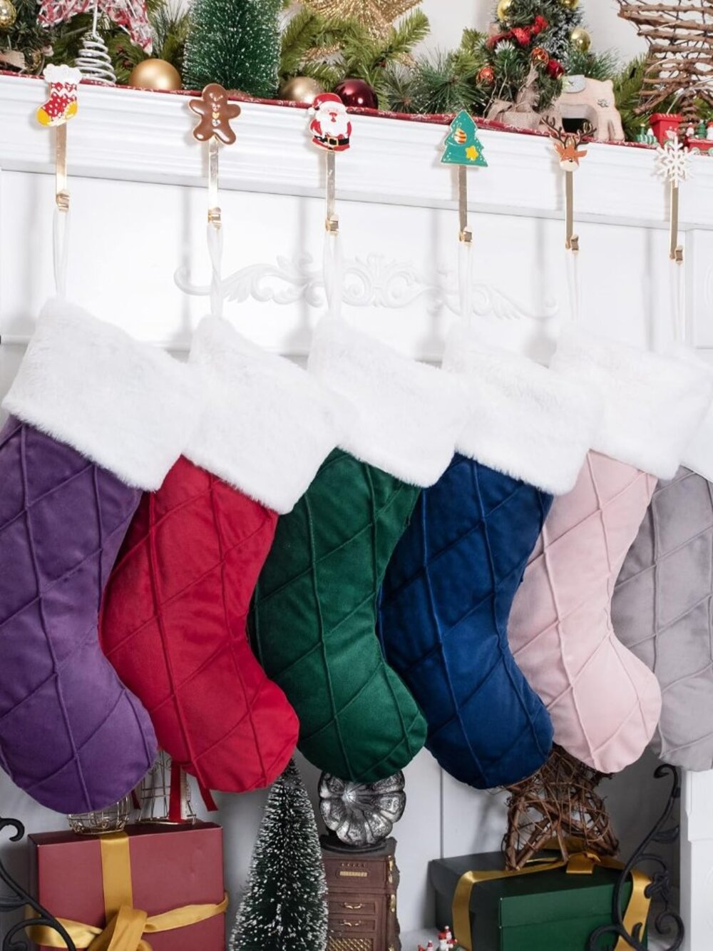 6 Pack Christmas Stockings Velvet Diamond Large Soft Minimalist Modern Style Lux